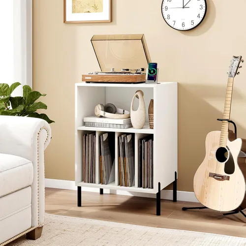 Vista 3 de LOKO Soporte para tocadiscos con luces LED, soporte para tocadiscos con estación de carga, soporte de almacenamiento de vinilo con patas de metal