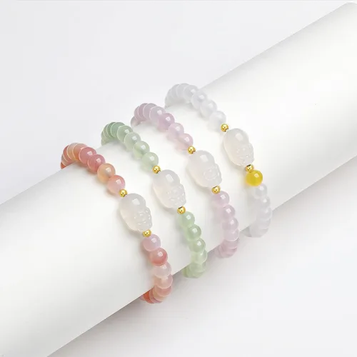 Vista 6 de Pulseras de oro de 18K con cuentas de calcedonia, pulsera con amuleto Pixiu, pulsera elástica natural con cuentas redondas de calcedonia