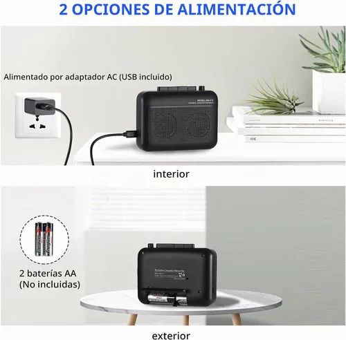 Vista 2 de Grabadora de casete con transmisor Bluetooth, reproductor de cinta de casete pequeño con conector para auriculares, altavoz integrado, conector