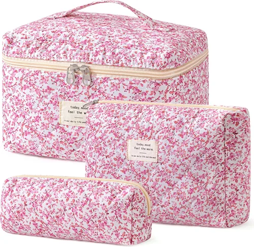 Vista 37 de HBselect Bolsa de Maquillaje Acolchada, 3 Piezas de Gran Bolsa de Maquillaje de Viaje de Algodón, Linda Bolsa de Maquillaje Floral Coquette, Bolsa