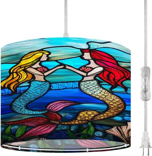 Vista 25 de Plug in Pendant Light Succulent Field Stained Glass Panel Hanging Lamp with Plug in Cord 16.4 ft Dimmable Hanging Light for Bedroom Kitchen Island
