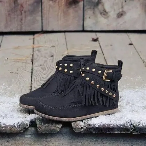 Vista 3 de AUNTHUI Sursell - Botines de gamuza para mujer, con flecos, punta redonda, planos, cálidos, de moda, occidentales, para exteriores, con cremallera