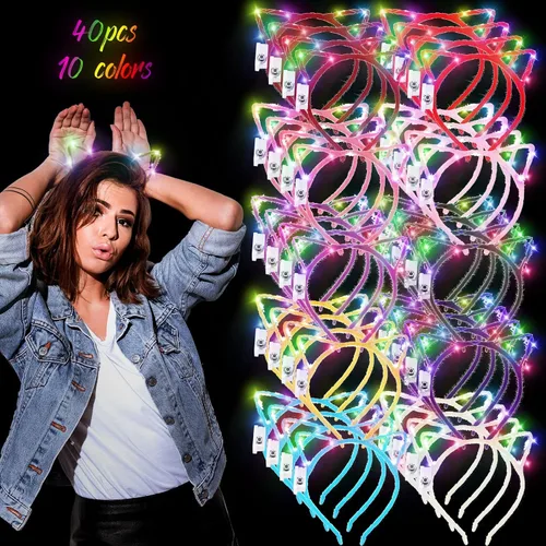 Vista 2 de 40 diademas LED con orejas de gato para mujeres, niñas, adultos, niños, cumpleaños, festival, concierto, fiesta, disfraces, accesorios