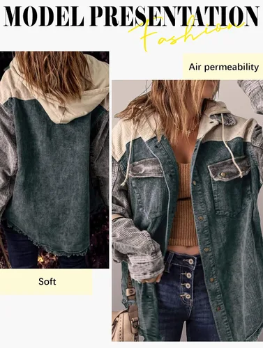 Vista 3 de Ytfsrukp Chaqueta de pana para mujer 2022 con capucha, bloques de color, con bolsillos, camisas de pana con botones