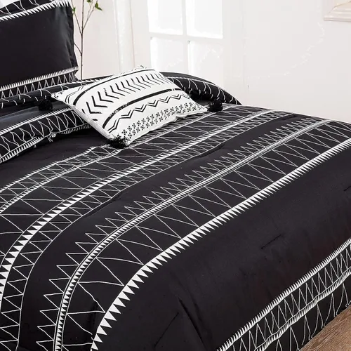 Vista 7 de WONGS BEDDING Juego de edredón negro tamaño matrimonial, edredón reversible bohemio a rayas de plumón alternativo para cama matrimonial, 3 piezas