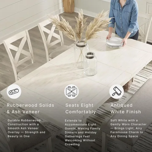 Vista 7 de Signature Design by Ashley Robbinsdale - Mesa extensible para comedor con centro abatible removible, estilo casual, con base de caballete, madera