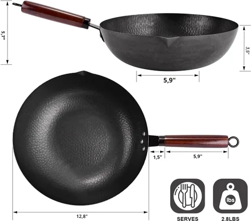 Vista 4 de Leidawn Wok de acero al carbono de 12.8 pulgadas, 11 piezas de wok y sartenes para freír con tapa, wok chino sin revestimiento químico con 10