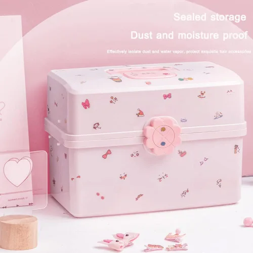 Vista 3 de MASKMELLOW Shapeazy - Organizador de accesorios para el cabello para niñas, caja de plástico de 3 capas con bandeja plegable y asa, contenedor