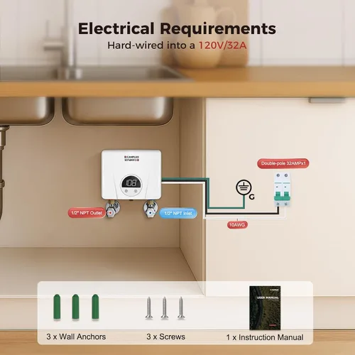 Vista 6 de CAMPLUX Electric Tankless Water Heater, 3.5kW at 120 Volts Point of Use Water Heater with Self Modulating Technology, Must HardWird Requiring 10AWG