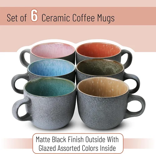 Vista 2 de BTAT - Juego de tazas de café de porcelana, 14 onzas (14.0 fl oz), paquete de 6, tazas de café de cerámica, negro mate exterior y colorido