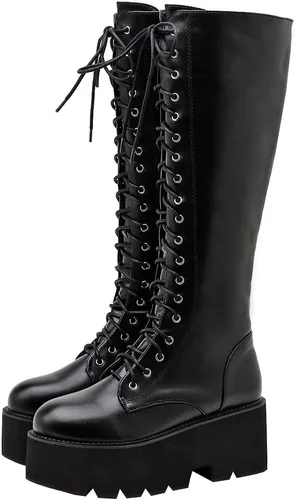 Vista 84 de Parisuit Botas góticas altas hasta la rodilla con hebilla de plataforma para mujer, tacón alto grueso, con cordones, botas de combate punk, con Negro