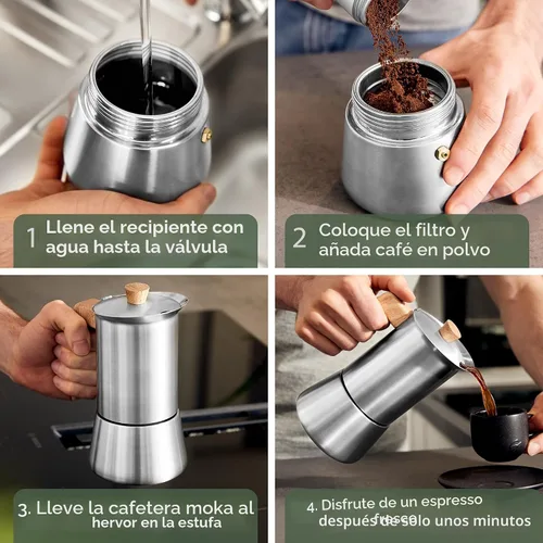 Vista 5 de WALDWERK Cafetera Moka de Acero Inoxidable (10 oz) - Cafetera Moka Libre de Tóxicos con Mango de Madera de Roble - Cafetera de Estufa para Espresso