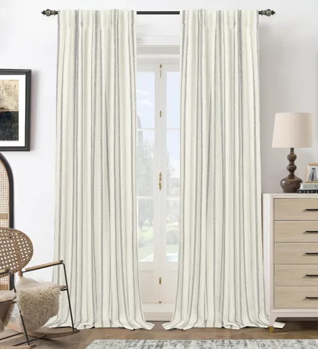 Vista 56 de DriftAway Cortinas opacas de mezcla de lino de granja de 90 pulgadas de largo para dormitorio, cortinas de lino con estampado de rayas verticales