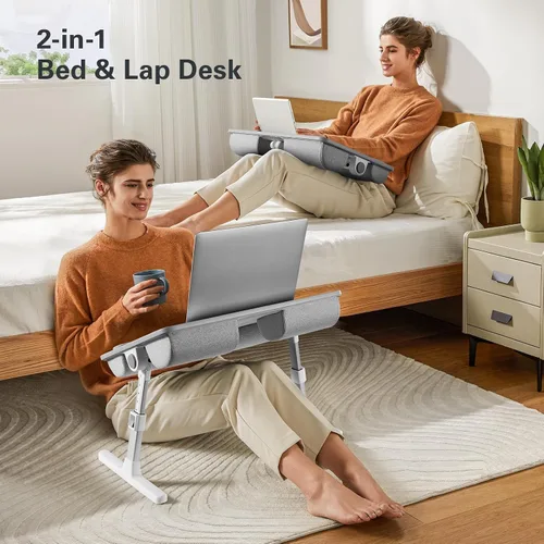 Vista 10 de HUANUO Escritorio para Cama y Computadora Portátil, Bandeja para Computadora Portátil para Cama, Sofá, Escritorio de Regazo para Trabajar, Comer