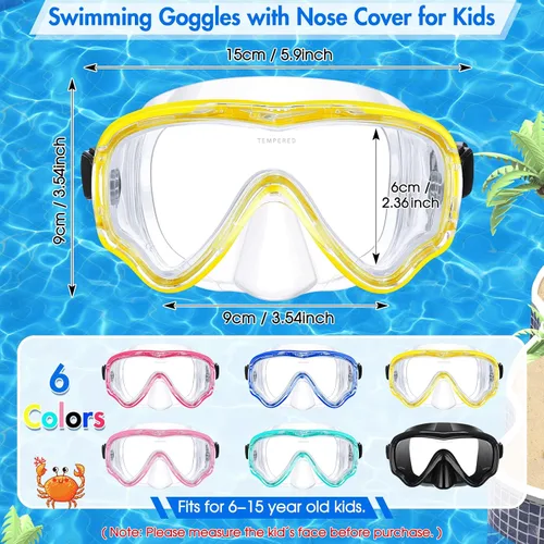 Vista 2 de Gafas de natación para niños de 6 a 14 años, máscara de buceo de vidrio templado, antiempañamiento, visión clara de 180°, color clásico, 6