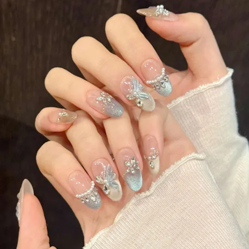 Vista 25 de Uñas postizas a presión medianas con diseño geométrico blanco almendra – 24 uñas postizas reutilizables de ABS brillante, fácil de aplicar, juego