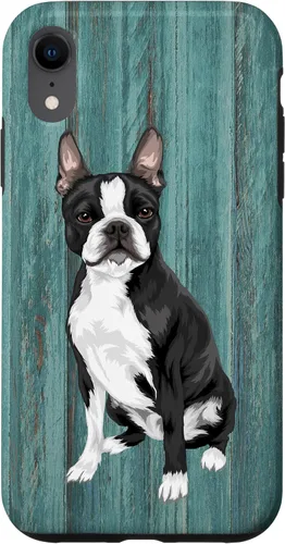 Vista 25 de Boston Terrier Faux Blue Wood Background Case for iPhone 17