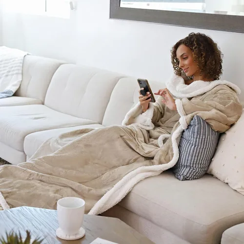 Vista 5 de Catalonia - Manta de forro polar tipo sherpa con mangas y bolsillo, microfelpa abrigada y cómoda para ver TV, manta para adultos, mujeres y hombres