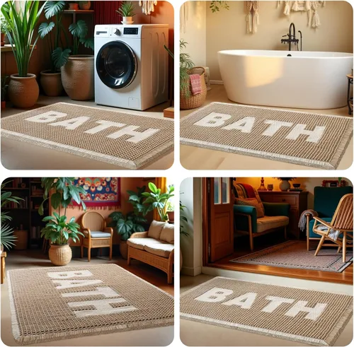 Vista 7 de Tapete de baño con diseño de gofre, moderno, bohemio, absorbente, antideslizante, ultrasuave, lavable a máquina, con letra de baño, dormitorio