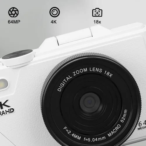 Vista 9 de Cámara digital de 64 MP, pantalla IPS de 3 pulgadas, cámara digital compacta retro de video 4K, zoom digital 18X, cámara recargable de vlogging