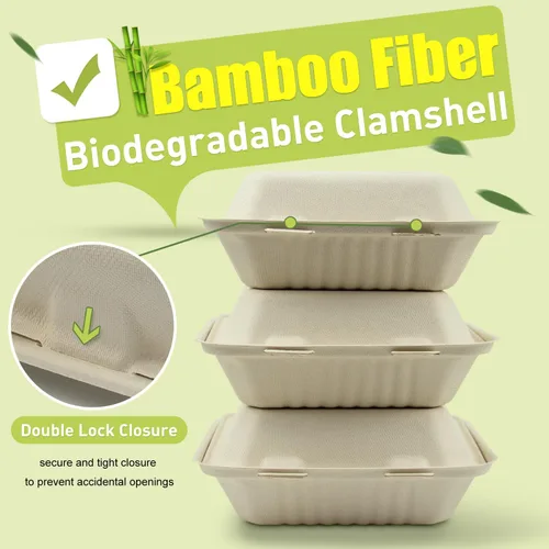 Vista 2 de Green Earth Caja de 50 unidades con 1 compartimento compostable de 8 pulgadas Fibra de bambú, cajas para llevar, tapa con bisagras, apta