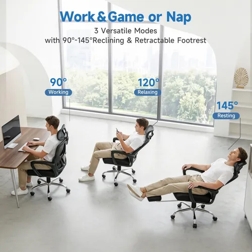 Vista 6 de Silla de oficina ergonómica con reposapiés, silla de oficina Negro