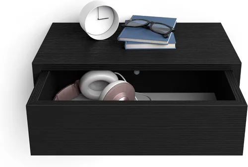 Vista 5 de Mobili Fiver, Mesita de Noche Flotante Riccardo, Madera de Fresno Negra, Fabricado en Italia