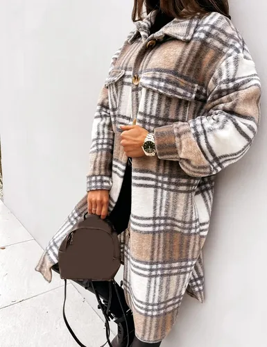 Vista 3 de Omoone Abrigo largo clásico de lana con botones para mujer, chaqueta de tartán con bolsillos