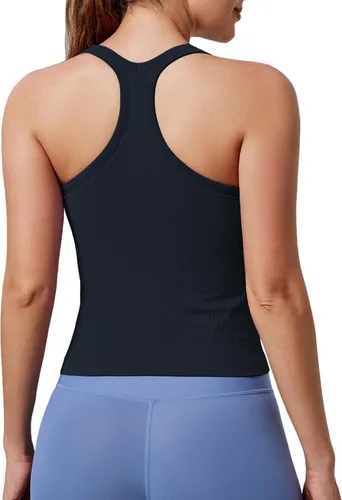 Vista 14 de Women's Workout Tank Tops, with Built in Bra Racerback Seamless Crop Tops Negro Blanco Gris 3 Pack