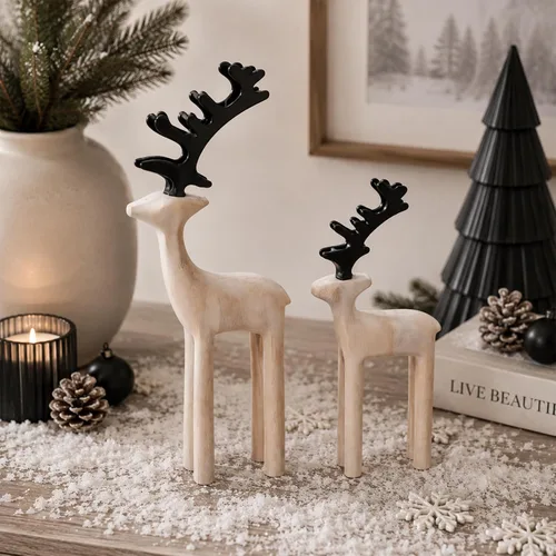 Vista 12 de 2 piezas de decoración moderna de Navidad, decoración neutral de Navidad de renos, estatuas de ciervos de resina, figuras de renos, estatuas