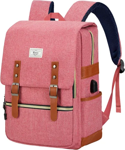 Vista 10 de Ronyes - Mochila vintage para laptop para mujeres y hombres, de 15.6 pulgadas, mochila casual de día con puerto de carga USB para trabajo