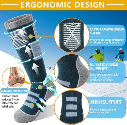 Vista 4 de Anlisim Calcetines de esquí de lana merino para niños, 3 pares de calcetines térmicos de invierno cálidos y gruesos transpirables para esquí