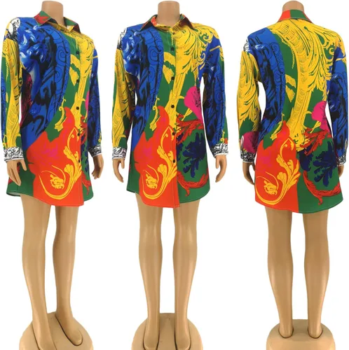 Vista 4 de Vestidos tipo camisa para mujer con botones estampado floral manga larga minivestido