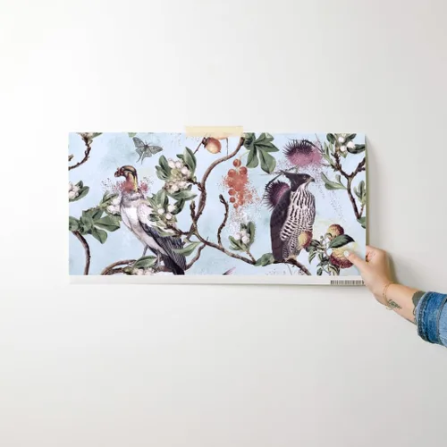 Vista 7 de Muestro de papel tapiz removible – Vintage Birds Acuarela Chinoiserie Antiqued of Prey Blue Green Gray Botánico Personalizado Papel pintado