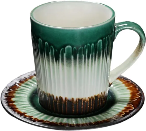 Vista 15 de CAPIJIONG 6.8 fl oz/6.67oz Vintage Cerámica Horno Taza de Café Set Creativo Simple Taza de Leche para Oficina Hogar Restaurante Café-Azul Esmalte