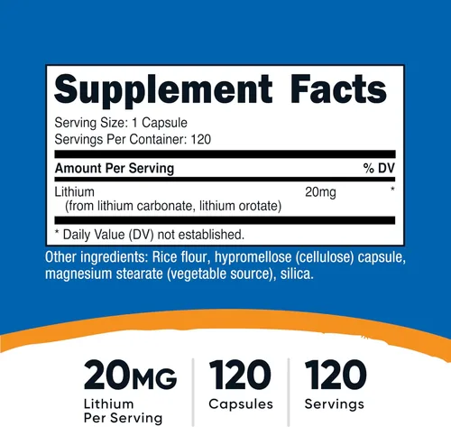 Vista 2 de Nutricost Orotato de litio 20 mg, 120 cápsulas, vegano, sin gluten, sin OMG