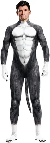 Vista 38 de Disfraz de animal para hombre con estampado de cola grande, overol peludo de elastano para cosplay, fiesta de Halloween