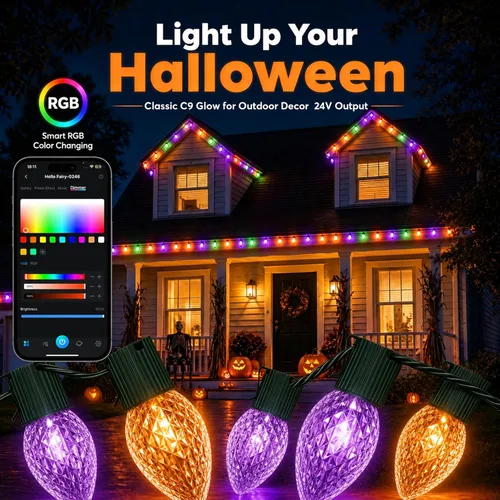 Vista 2 de Luces de cadena navideñas C9 inteligentes de 100 LED de 79 pies con control por aplicación, 105 modos, enchufables, luces de cadena de hadas