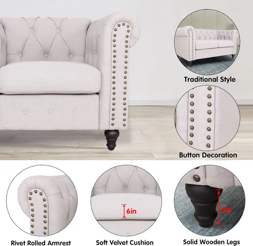 Vista 7 de Hybition Silla de lino tradicional Chesterfield Sofá individual con decoración de remaches y patas de madera para sala de estar, color gris claro