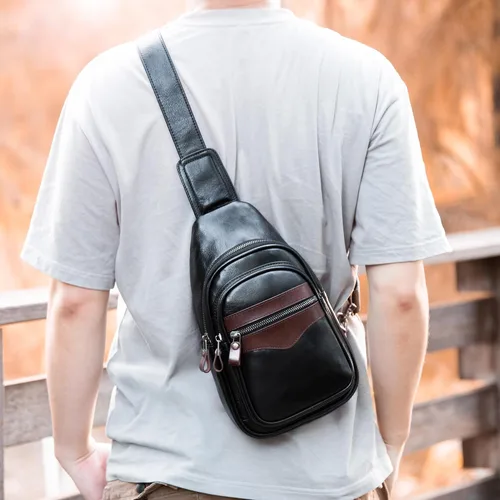 Vista 7 de Bolso bandolera de cuero genuino para hombres y mujeres, bolso de hombro cruzado, mochila de pecho, bolso de mano casual
