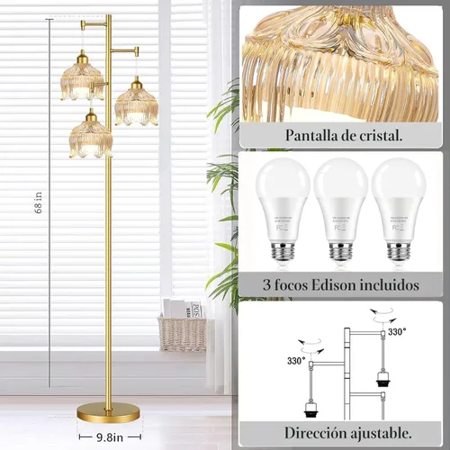 Vista 5 de ILLMTW Lámpara de Pie Dorada para Sala de Estar, Dormitorio, Lámpara de Pie Moderna de Mediados de Siglo Lámpara de Pie de Latón Árbol de 3 Luces