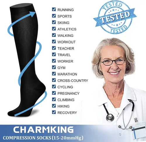 Vista 5 de CHARMKING - Calcetines de compresión para mujeres y hombres (3 pares), 15-20 mm Hg, el mejor apoyo para atletismo, running o ciclismo, mejora