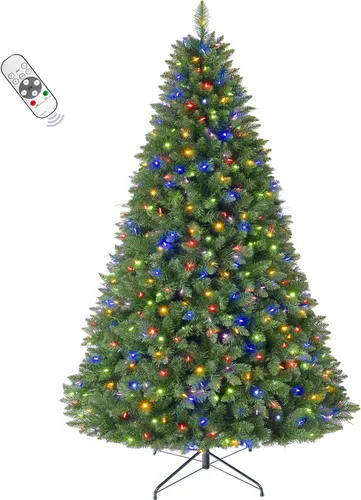 Vista 4 de Árbol de Navidad de abeto preiluminado de 6 pies con control remoto, 300 luces LED de cambio de color blanco cálido multicolor, artificial