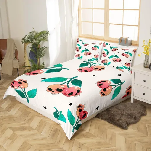 Vista 2 de Manfei Juego de funda de edredón de calavera de cerezo, tamaño matrimonial, funda de edredón con 2 fundas de almohada, juego de ropa de cama bohemio