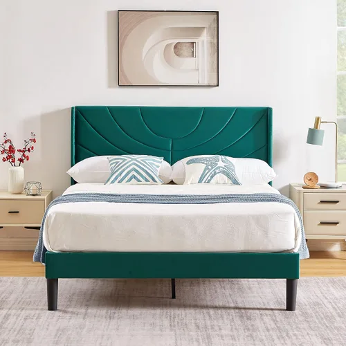 Vista 14 de VECELO Marco de Cama Tamaño Twin Plataforma Tapizada con Cabecera de Tela Ondulada/Soporte de Listones de Madera/No Necesita Somier/Base de Colchón
