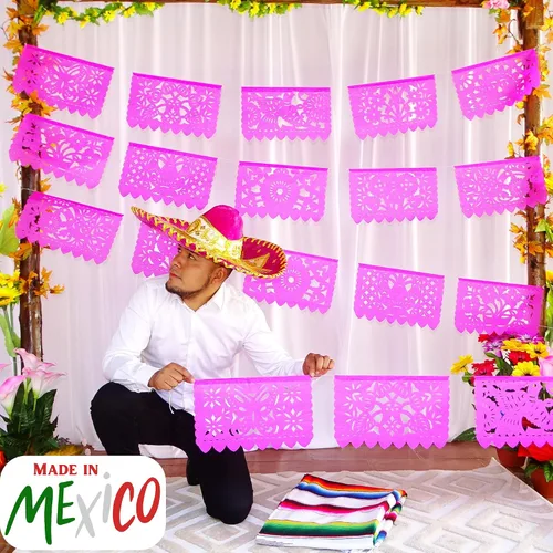 Vista 9 de Pancartas rosadas de Picado Picado, decoraciones de fiesta temática mexicana rosa, banderas mexicanas, decoraciones colgantes de fiesta de México