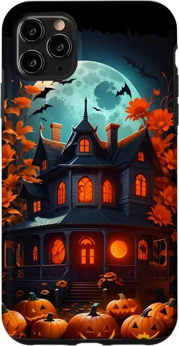 Vista 13 de iPhone 16 Halloween Spooky Haunted House Bats & Carved Pumpkins Case