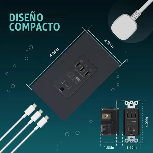 Vista 6 de TOPELER Tomacorriente USB de pared negra, tomacorriente USB de carga ultrarrápida GaN de 65W para laptop, receptáculo resistente a manipulaciones