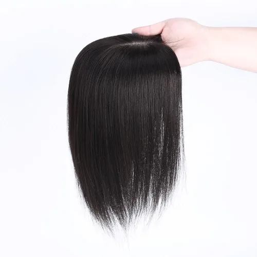 Vista 3 de Parte en U de cabello humano real con base de seda, parte lateral, clip en el postizo lacio, sin costuras, repuesto para pérdida de cabello de Negro