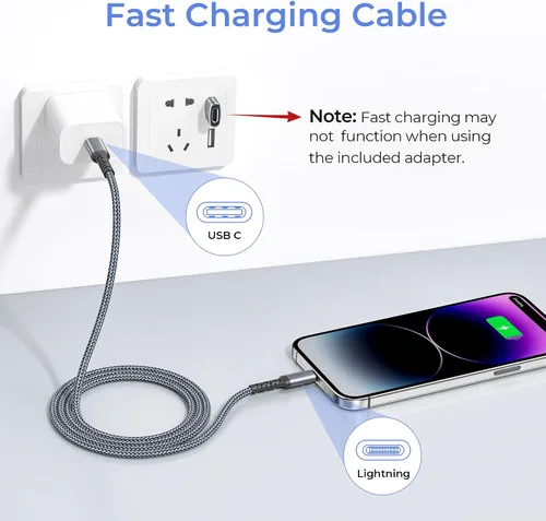 Vista 5 de Basesailor - Cable cargador corto de 1 pie para iPhone 14 13, cable USB C a Lightning con adaptador USB A, cable de carga rápida para Apple iPhone